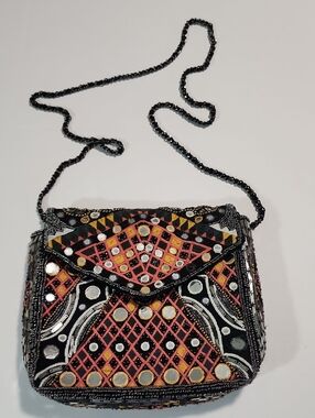 Zara Embellished Black Multicolor Beaded Embriodered Mirror Square Bag